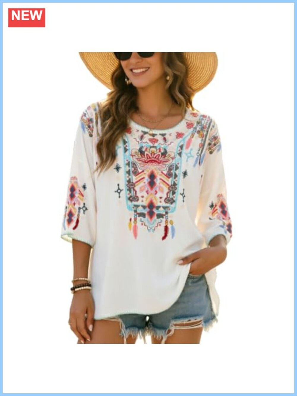 Womens Embroidered Boho Floral Peasant Top Rayon 3/4 Sleeve Tunic Blouse
